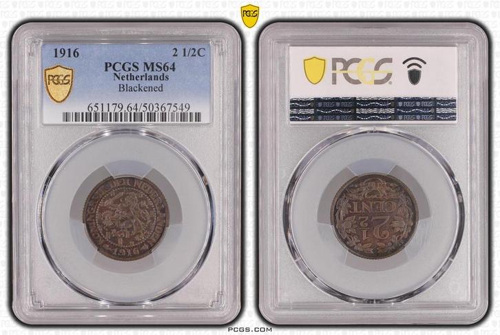 Koningin Wilhelmina 2 1/2 cent 1916 MS64 Blackened PCGS, Postzegels en Munten, Munten | Nederland, Losse munt, Koningin Wilhelmina