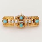 Broche - 18 karaat Geel goud - Turkoois - Parel, Sieraden, Tassen en Uiterlijk, Antieke sieraden