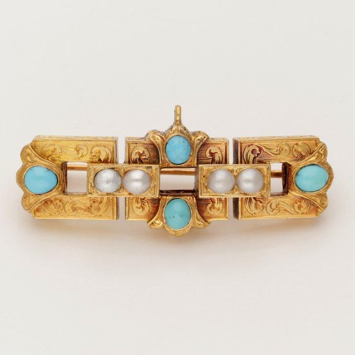 Broche - 18 karaat Geel goud - Turkoois - Parel, Sieraden, Tassen en Uiterlijk, Antieke sieraden