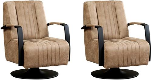 Taupe leren industriële draaifauteuils - staal zwart frame, Huis en Inrichting, Fauteuils, 50 tot 75 cm, 75 tot 100 cm, Nieuw