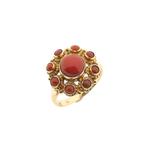 Gouden entourage ring met bloedkoraal | Vintage, Sieraden, Tassen en Uiterlijk, Ringen, Gebruikt, Overige kleuren, Ophalen of Verzenden