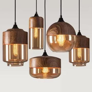 Nordic LED Hanglamp – Glasen Hout Plafondlamp voor Woonkamer beschikbaar voor biedingen
