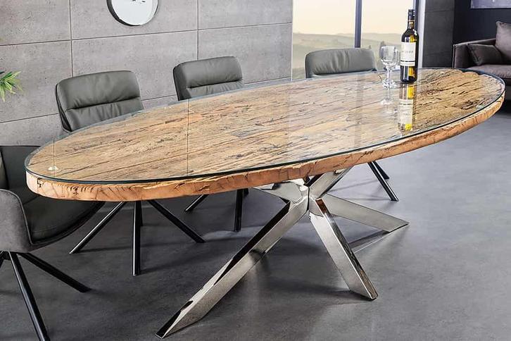 Massieve eettafel BARRACUDA 220cm bruin teakhout zilver, Huis en Inrichting, Tafels | Eettafels, Ophalen of Verzenden