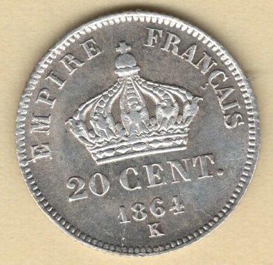 Frankrijk. Napoléon III. 20 Centimes 1864-K, Bordeaux, Postzegels en Munten, Munten | Europa | Euromunten