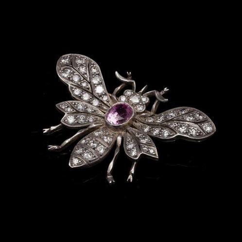 Broche Edwardiaanse zilveren en gouden insectenbroche met, Sieraden, Tassen en Uiterlijk, Antieke sieraden