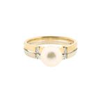 Vintage bicolor gouden ring met parel en diamant | 0,12 ct., Gebruikt, Overige kleuren, Ophalen of Verzenden, Kleiner dan 17