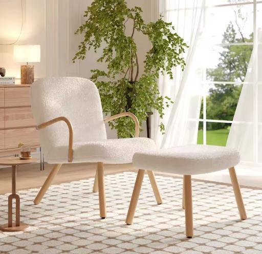 Bouclé Fauteuil met Poef – Sherpa Stoffering; Luxe Comfort, Huis en Inrichting, Stoelen, Eén, Wit, Nieuw, Hout, Verzenden
