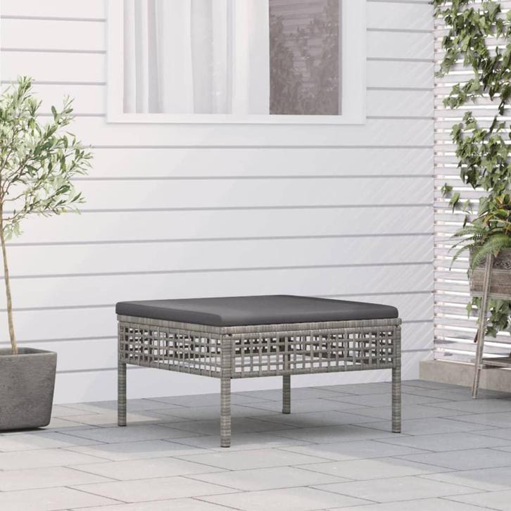 vidaXL Tuinvoetenbank met kussen poly rattan grijs, Tuin en Terras, Tuinsets en Loungesets, Nieuw, Rotan, Verzenden