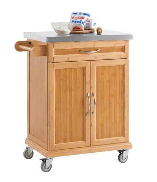 Bamboe Keukentrolley met RVS Blad, Lade en Kast – 90 cm, Huis en Inrichting, Keuken | Keukenelementen, Nieuw, Verzenden