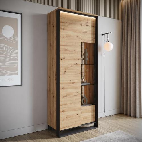 Meubella vitrinekast Quincy eiken 76 cm - Met LED, Huis en Inrichting, Kasten | Vitrinekasten, 25 tot 50 cm, Nieuw, 150 tot 200 cm