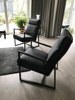 leren fauteuils met stalen frame en hoge rug - zwart leer -, Nieuw, Ophalen of Verzenden, Industrieel, 50 tot 75 cm