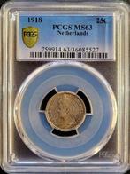 Koningin Wilhelmina 25 cent 1918 MS63 PCGS gecertificeerd, Zilver, Losse munt, Verzenden