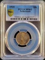 Koningin Wilhelmina 25 cent 1918 MS63 PCGS gecertificeerd, Postzegels en Munten, Verzenden, Zilver, 25 cent, Koningin Wilhelmina