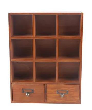 Houten Boekenkast 9 Vakken met 2 Lades – Vintage Organizer beschikbaar voor biedingen