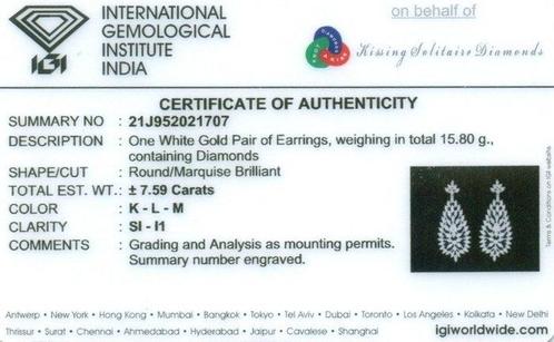 Hangoorbellen - 14 karaat Witgoud - 7.59ct. tw. Diamant, Sieraden, Tassen en Uiterlijk, Antieke sieraden