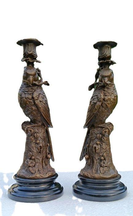 sculptuur, papagaaien kandelaars - 31 cm - brons marmer, Antiek en Kunst, Kunst | Designobjecten
