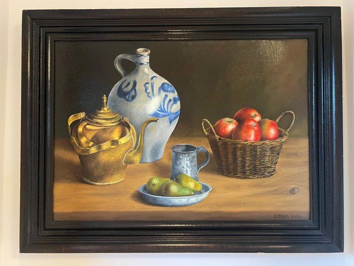 J. Muijs (1925-2015) - Stilleven met Keulse pot, appels en, Antiek en Kunst, Kunst | Schilderijen | Klassiek
