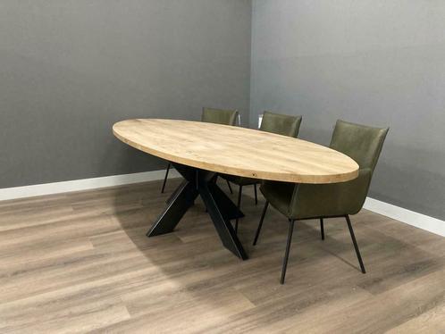 Ovale eiken tafel 5 cm met metalen spinpoot, 280 of 300 cm, Huis en Inrichting, Tafels | Eettafels, Nieuw, Eikenhout, Metaal