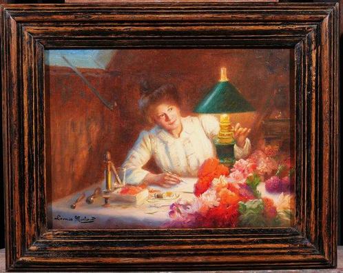 Léonie Michaud (1873-1947) - The flower girl, woman making, Antiek en Kunst, Kunst | Schilderijen | Klassiek