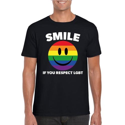 Regenboog emoticon Smile if you respect LGBT shirt zwart h.., Hobby en Vrije tijd, Feestartikelen, Ophalen of Verzenden