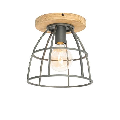 Industriële plafondlamp donkergrijs met hout - Arthur, Huis en Inrichting, Lampen | Plafondlampen, Nieuw, Overige materialen