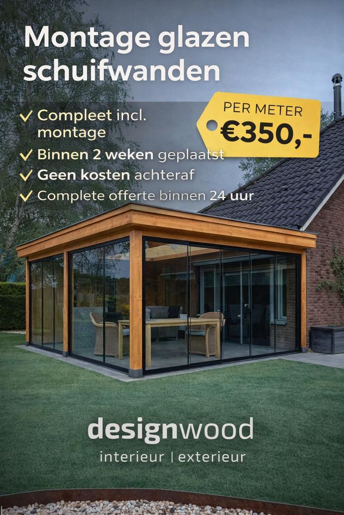 Montage compleet glazen schuifwanden € 350,- per paneel, Tuin en Terras, Overkappingen, Veranda, Nieuw