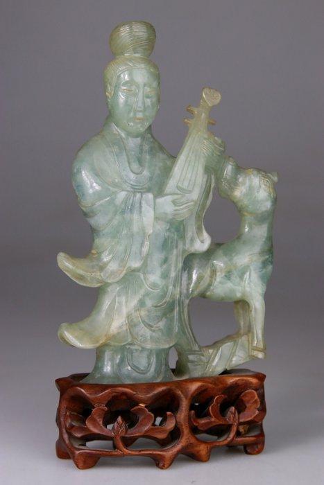 Kwanyin en Jade Jadeite en voetstuk van rozenhout - Jade,, Antiek en Kunst, Antiek | Overige Antiek