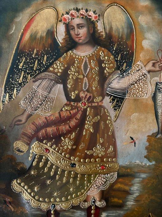 Cuzco School - Archangel Raphael fishing - 31 x 41 cm, Antiek en Kunst, Kunst | Niet-Westerse kunst