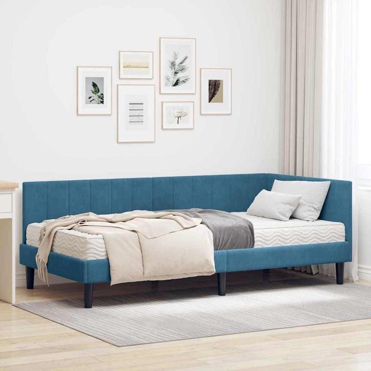 vidaXL Hoekbedframe met matras Blauw 90 x 190 cm Fluweel, Huis en Inrichting, Slaapkamer | Bedden, Blauw, Nieuw, Hout, Verzenden