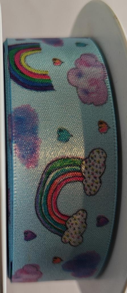 Lint blue satin rainbow - 25mm x 20m bedrukt, Huis en Inrichting, Woonaccessoires | Kunstplanten en Kunstbloemen, Nieuw, Ophalen of Verzenden