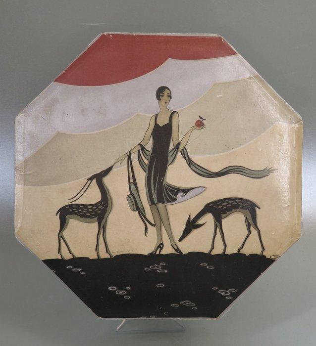 Octagon doos met dame & hertjes, Albessard Paris (Maison, Antiek en Kunst, Kunst | Designobjecten