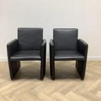 Tweedehands complete set 2x leren fauteuil, zwart - zilver, Huis en Inrichting, Fauteuils, Ophalen of Verzenden, Gebruikt, Leer