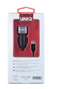 Autolader UNIQ Accesory Dual USB Type-C - Zwart Geschikt, Telecommunicatie, Mobiele telefoons | Telefoon-opladers