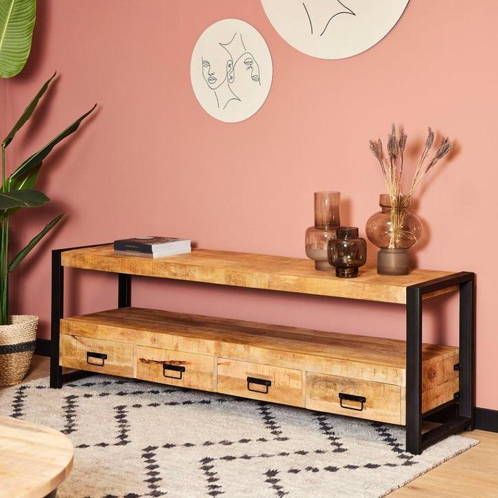 Britt Tv-Meubel Mangohout | 180cm |, Huis en Inrichting, Kasten | Televisiemeubels, 25 tot 50 cm, Nieuw, Overige houtsoorten, Metaal