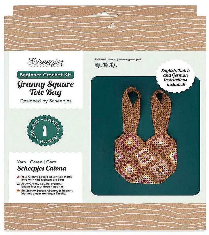 Scheepjes Granny Square Tote Bag - Bruin met kleur - Haakk, Hobby en Vrije tijd, Breien en Haken, Ophalen of Verzenden