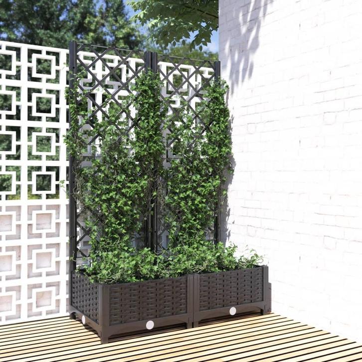vidaXL Plantenbak met trellis zwart 80x40x121,5 cm PP, Tuin en Terras, Bloembakken en Plantenbakken, 60 tot 100 cm, Nieuw, Kunststof
