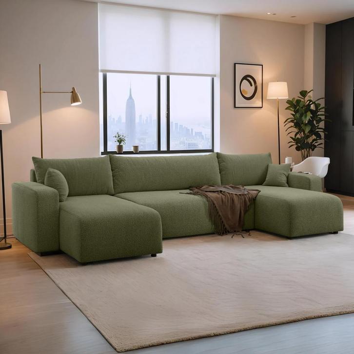 Slaapbank Pim - Teddy stof - U-bank 4-zits met opbergruimte, Huis en Inrichting, Slaapkamer | Slaapbanken, Crème, Beige, Grijs