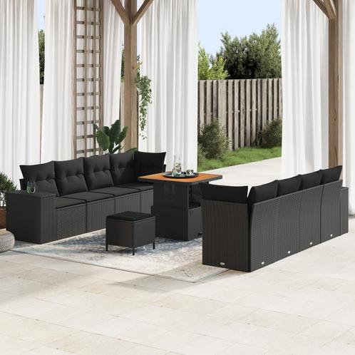 vidaXL 11-delige Tuinbank Set met Kussens Zwart Poly Rattan, Tuin en Terras, Tuinsets en Loungesets, Nieuw, Verzenden