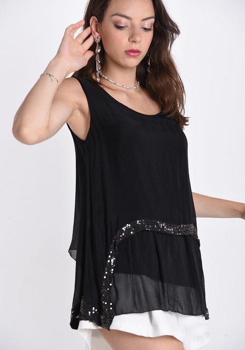 Zijde mouwloze bloes met pailletten, ZWART kleur, Maat, Kleding | Dames, T-shirts