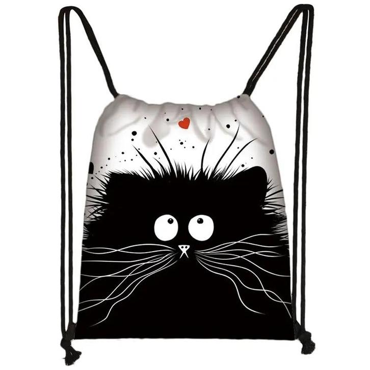 Gymtas/Trekkoordtas - Kat Rood Hartje - Wit&Zwart - Dubbelzi, Sieraden, Tassen en Uiterlijk, Tassen | Rugtassen, Nieuw, Ophalen of Verzenden