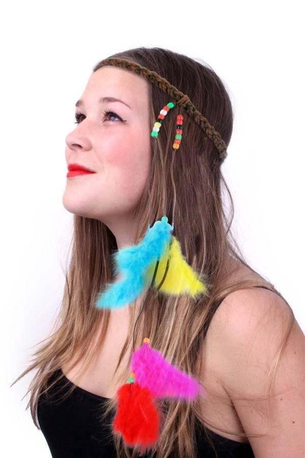 Hoofdbandje hippie/ibiza met kralen en veertjes multicolour, Kleding | Dames, Carnavalskleding en Feestkleding, Nieuw, Ophalen of Verzenden