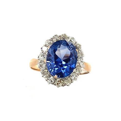 Gouden entourage ring met saffier en diamant 20 krt/925, Sieraden, Tassen en Uiterlijk, Ringen, Nieuw, Ophalen of Verzenden