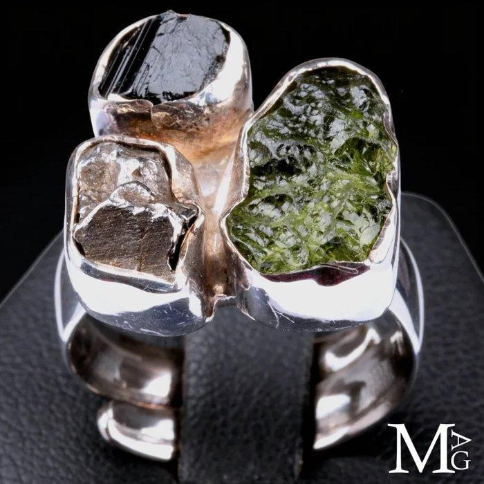 Zilveren ring met Moldavite, Campo del Cielo meteoriet en, Verzamelen, Mineralen en Fossielen