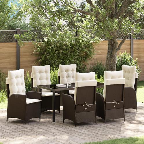 vidaXL 7 Delige Tuin Eetset Met Kussens Bruin Poly Rattan, Tuin en Terras, Tuinsets en Loungesets, Nieuw, Rotan, Verzenden