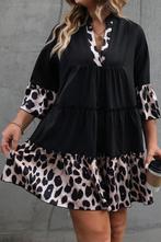 Black Leopard Patchwork Split Neck Ruffle Curvy Dress - (US, Kleding | Dames, Verzenden, Nieuw