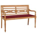vidaXL Bank Batavia met wijnrood kussen 120 cm massief, Tuin en Terras, Verzenden, Nieuw, Teakhout