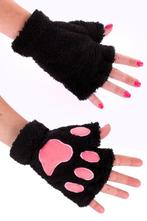 Dierenpoot Vingerloze Handschoenen Zwart Roze Pluche Vingerl, Nieuw, Carnaval, Ophalen of Verzenden, Feestartikel