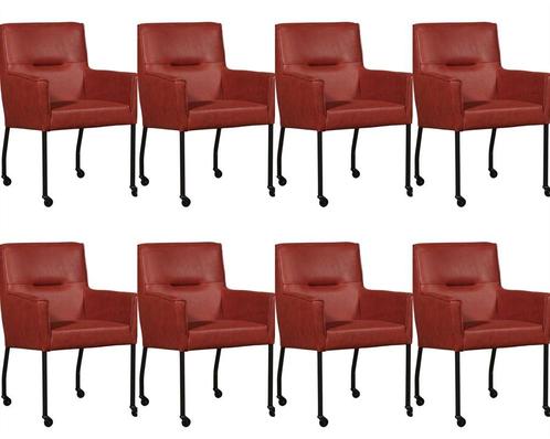 Set van 8 Rode leren moderne eetkamerstoelen - Vintage Leer, Huis en Inrichting, Stoelen, Vijf, Zes of meer stoelen, Overige kleuren