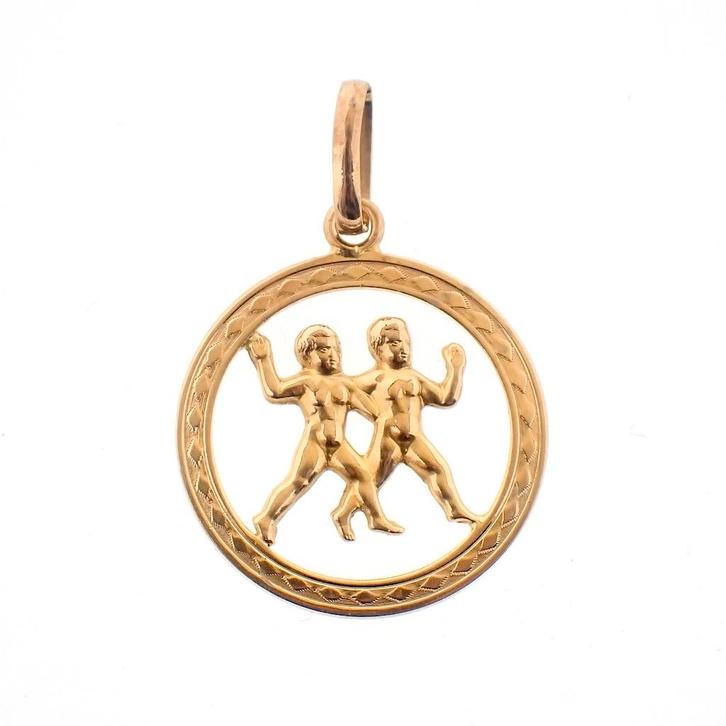 18 Krt. Gouden hanger van het sterrenbeeld tweelingen, Sieraden, Tassen en Uiterlijk, Bedels, Gebruikt, Overige merken, Goud, Ophalen of Verzenden