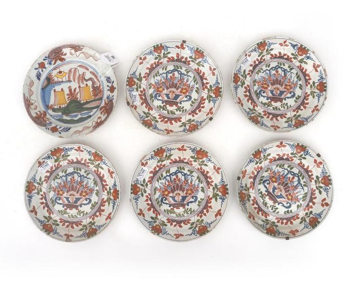 Zes polychrome borden, Holland, 18e/19e eeuw, Huis en Inrichting, Keuken | Servies, Gebruikt